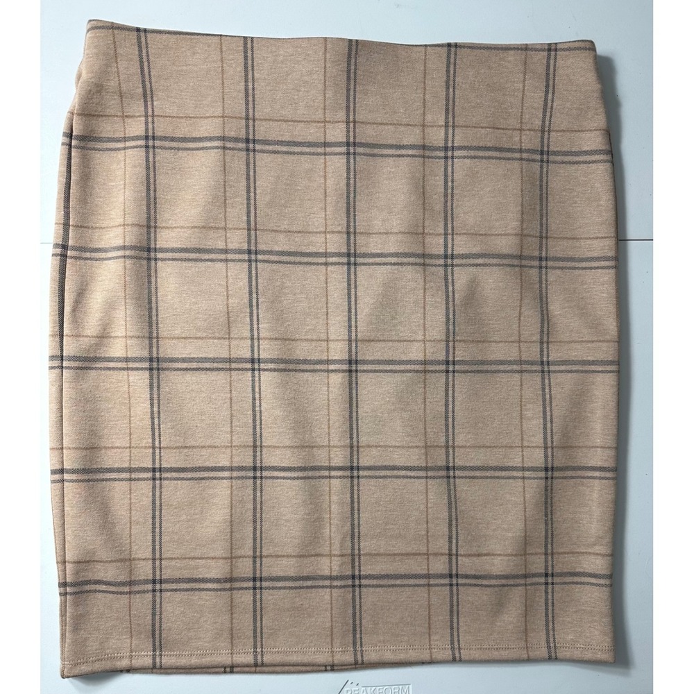 Loft Outlet Tan Plaid Pencil Skirt Women Large Brown Navy Grid Stretch Knit